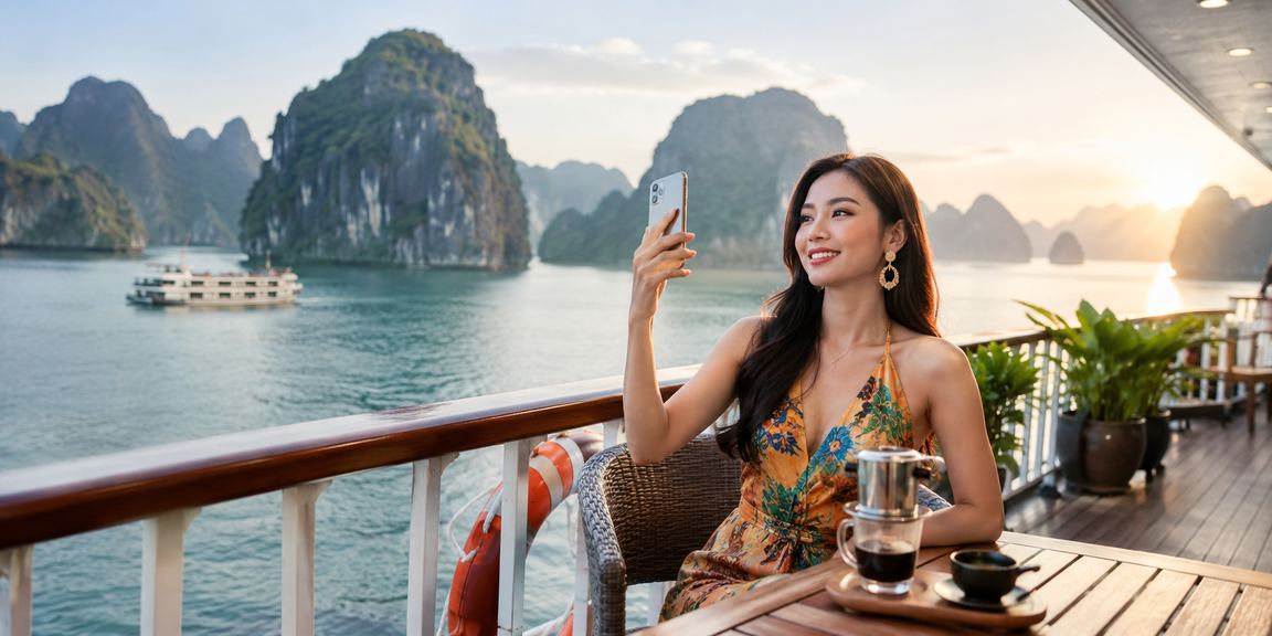 Người dùng truy cập ss88 trên điện thoại di động tại vịnh Hạ Long khi uống cà phê buổi sáng
